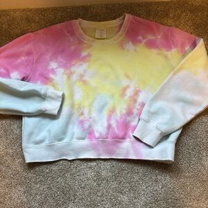 Pastel Tie-Dye Cropped Crewneck Sweatshirt - Pink, Yellow & Light Blue
